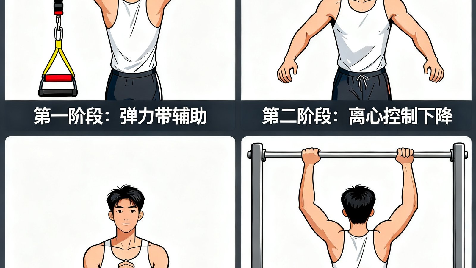 一组四格示意图展示引体向上训练的四个关键阶段：弹力带辅助、离心控制下降、肩胛骨激活练习、完整引体向上动作