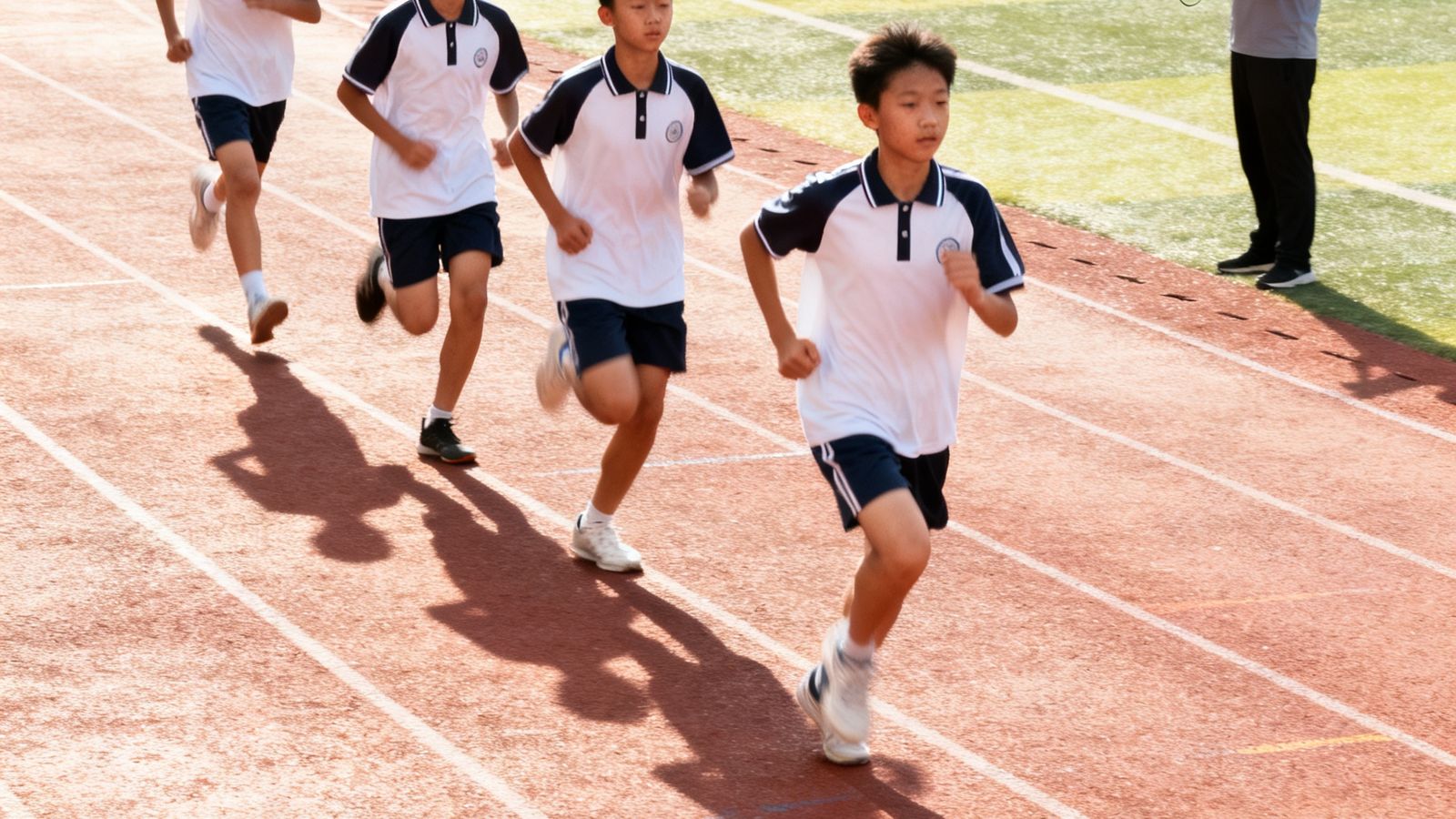 四名初中生穿着统一训练服在标准400米塑胶跑道上进行1000米跑训练，领跑者步频稳定、呼吸节奏均匀，远处可见计时教练手持秒表记录数据